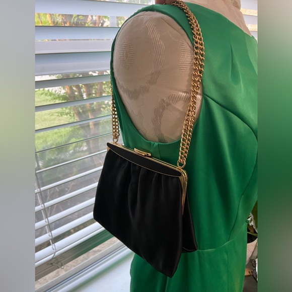 Vintage Mardane 50’s Black Silk Clutch Top Handle Gold Chain Handbag Purse - Picture 2 of 12